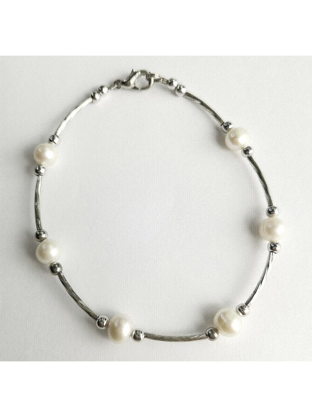 9 Inches White Pearl Bracelet / Anklet Sterling Silver